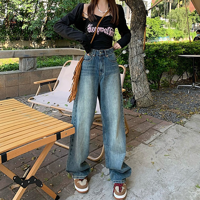 Retro jeans for women 2022 autumn, loose, straight, high-waisted, slimming, floor-length wide-leg long pants Retro jeans for women 2022 autumn, loose, straight, high-waisted, slimming, floor-length wide-leg long pants